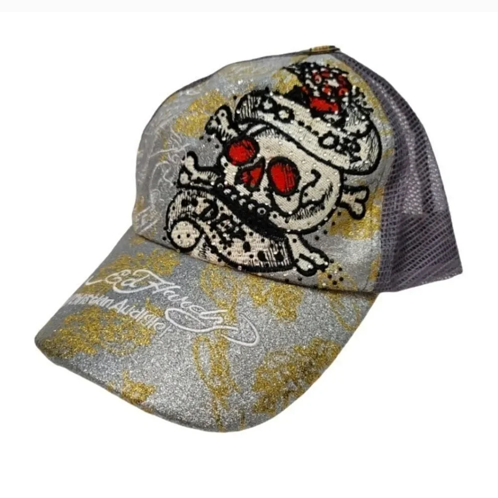 New Vintage Ed Hardy Christian Audigier Embroidered Rhinestone Snapback Hat